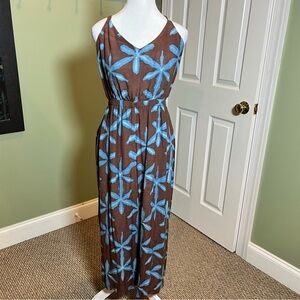 LOFT Sleeveless Jumpsuit with Blue Floral on Brown Size Large Petite Casual LN